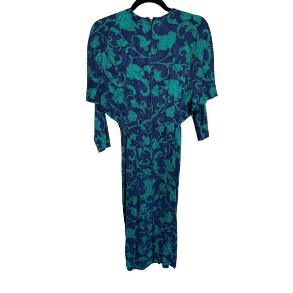 Vintage 80s does 40s Blue Green Silk Dress Draped Skirt Batwing Sleeve Size 0 XS - Picture 4 of 4